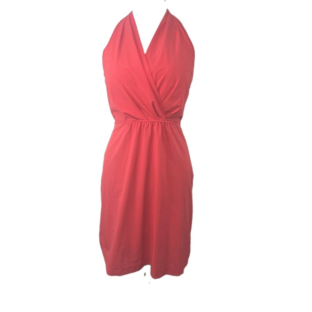 Athleta Size 10 Coral Halter‎ Smocked Dress  Side Zip, Removable Pads